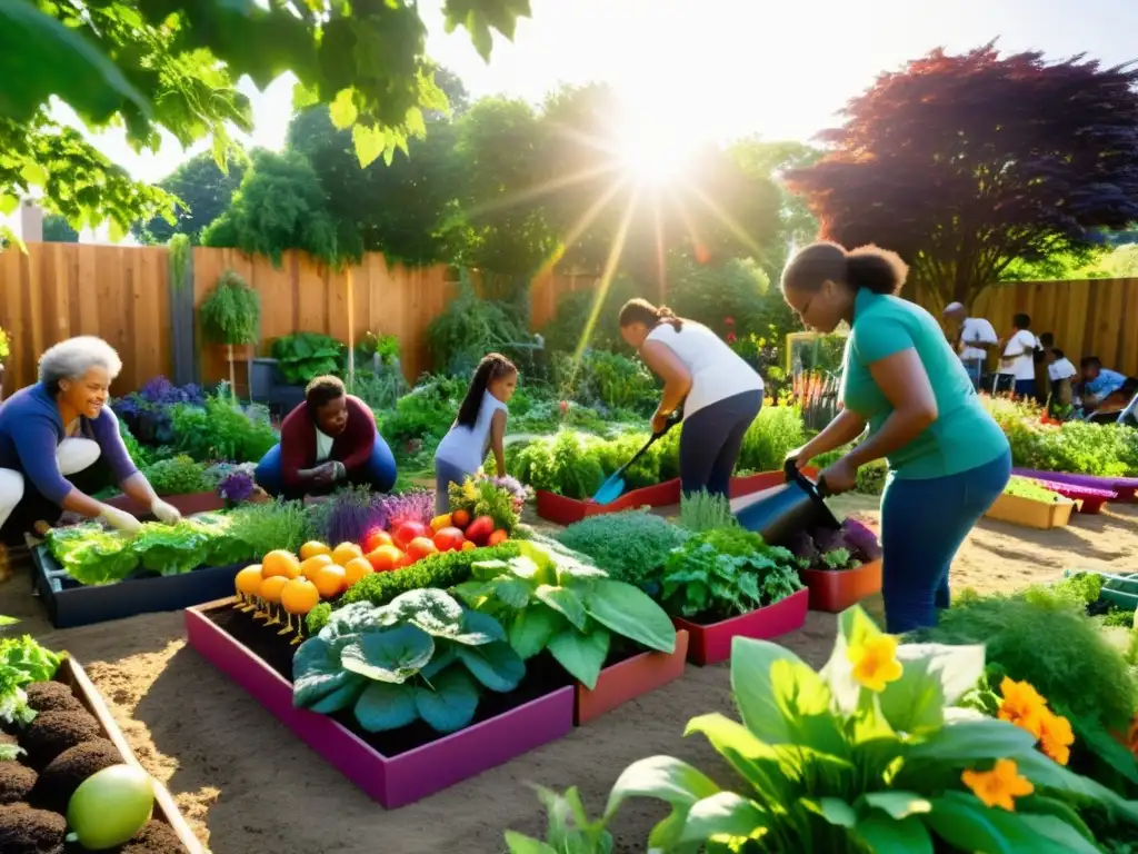 Un grupo diverso disfruta de talleres educativos huertos urbanos en un jardín vibrante y lleno de vida