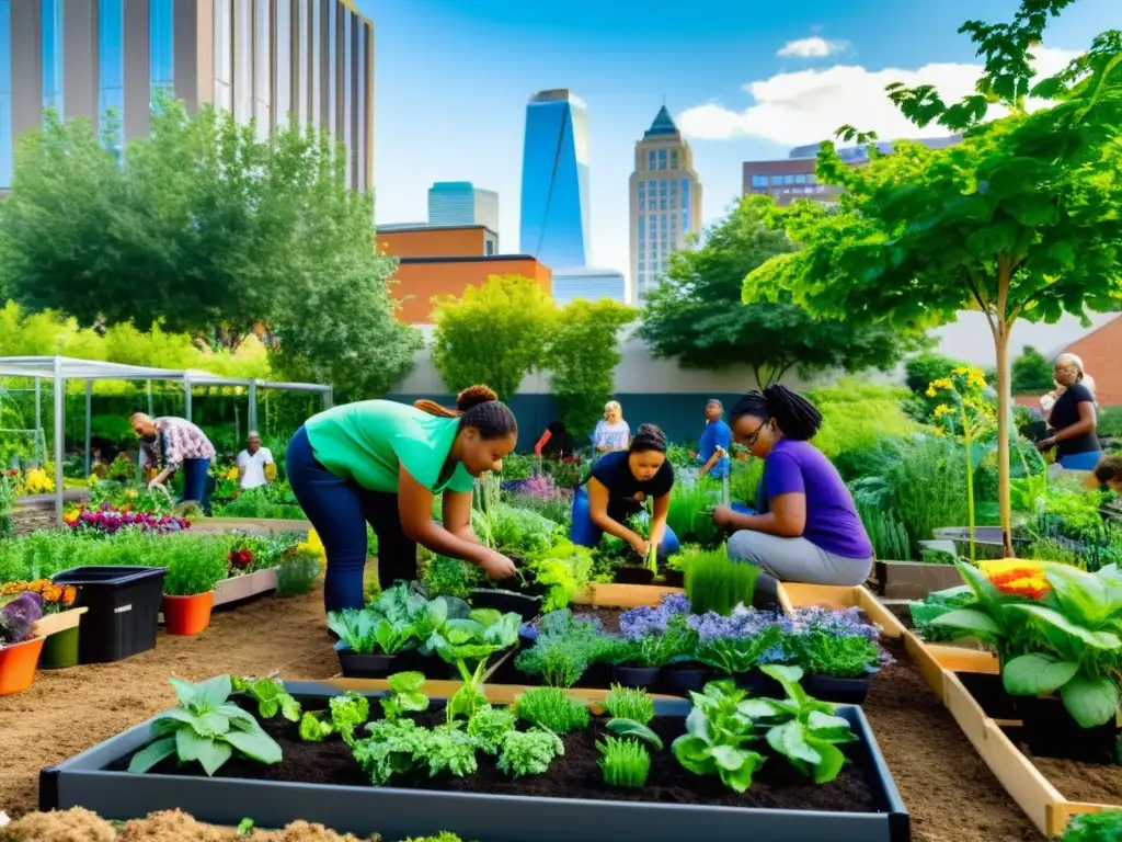 Grupo diverso participa en talleres educativos huertos urbanos, cultivando y aprendiendo en un jardín vibrante entre edificios de la ciudad