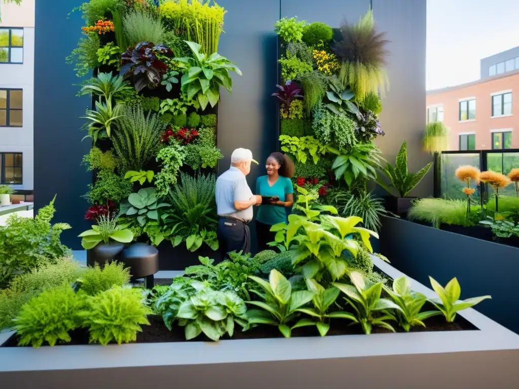 Grupo diverso colaborando en jardín vertical urbano