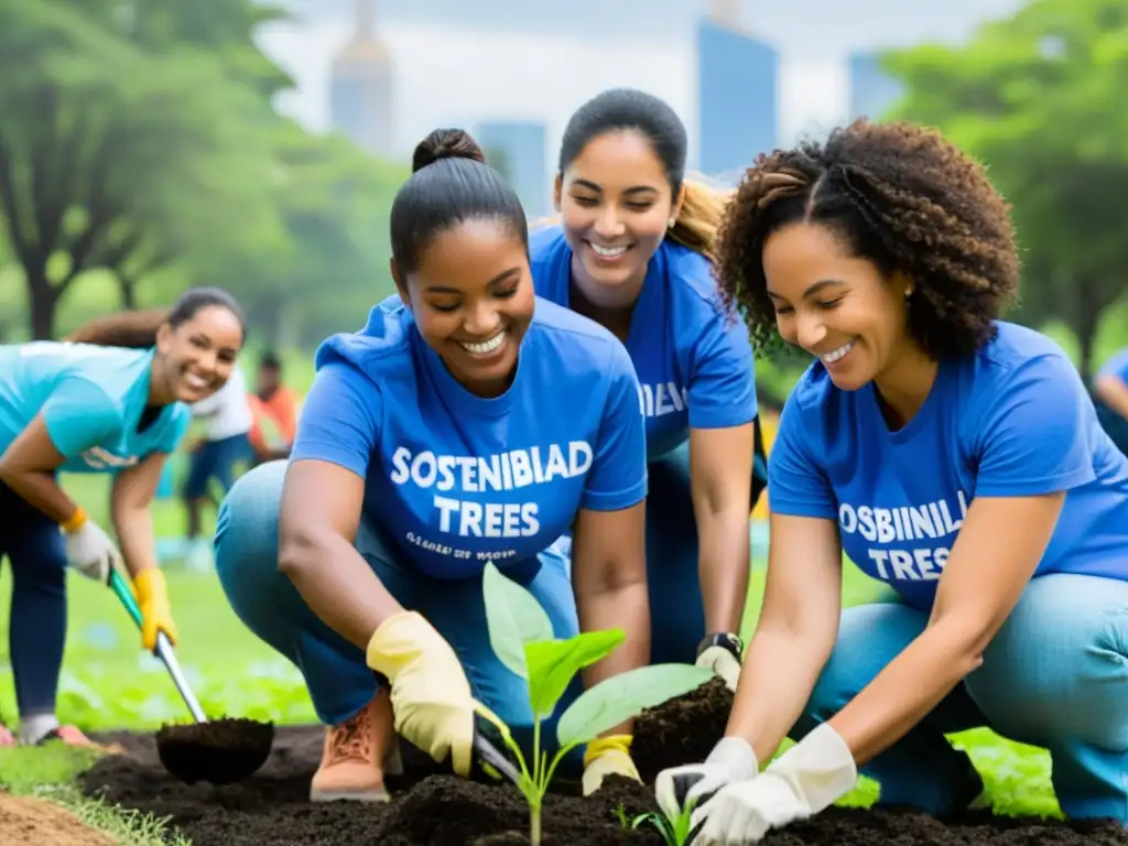 Grupo diverso de voluntarios plantando árboles en parque urbano