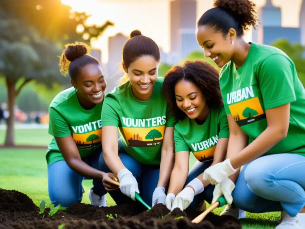 Grupo diverso de voluntarios plantando árboles en parque urbano al atardecer, simbolizando impacto ambiental y sostenibilidad urbana