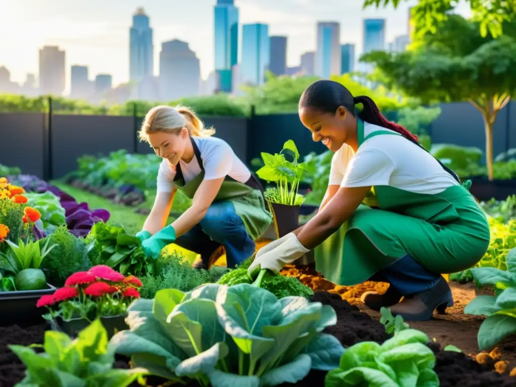 Un grupo diverso de voluntarios cuida con entusiasmo un jardín urbano exuberante