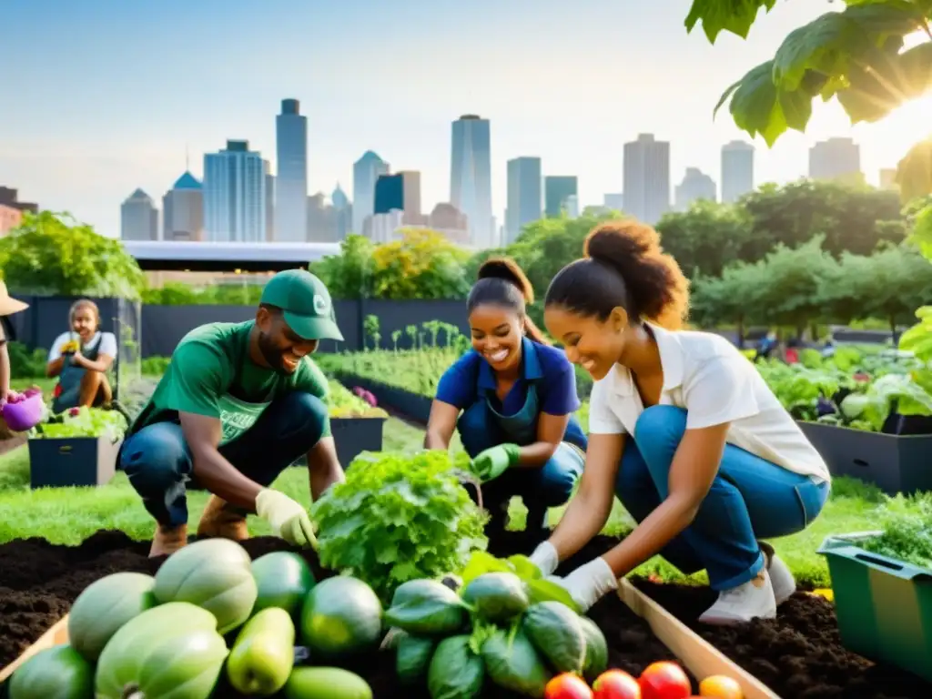 Grupo diverso de voluntarios entusiastas plantando y cuidando frutas y hortalizas en un jardín urbano vibrante