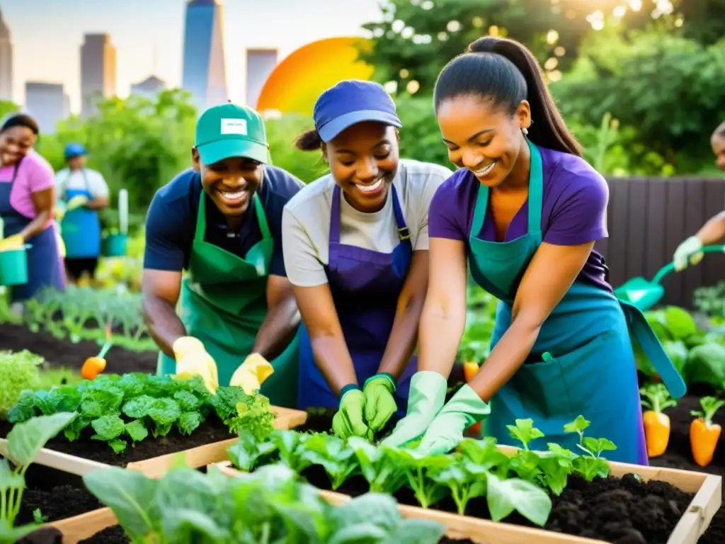 Un grupo diverso de voluntarios cultiva un huerto urbano, resaltando beneficios personales del voluntariado en huertos urbanos