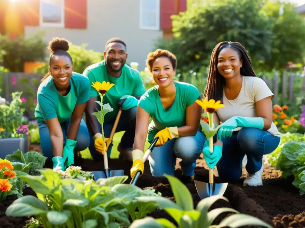 Un grupo diverso de voluntarios trabaja con pasión en un vibrante jardín urbano, rodeado de coloridas verduras y flores