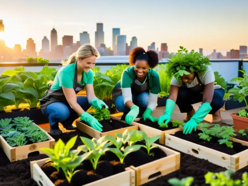 Un grupo diverso de voluntarios disfruta de talleres de agricultura urbana, cuidando plantas en un jardín en la azotea de la ciudad