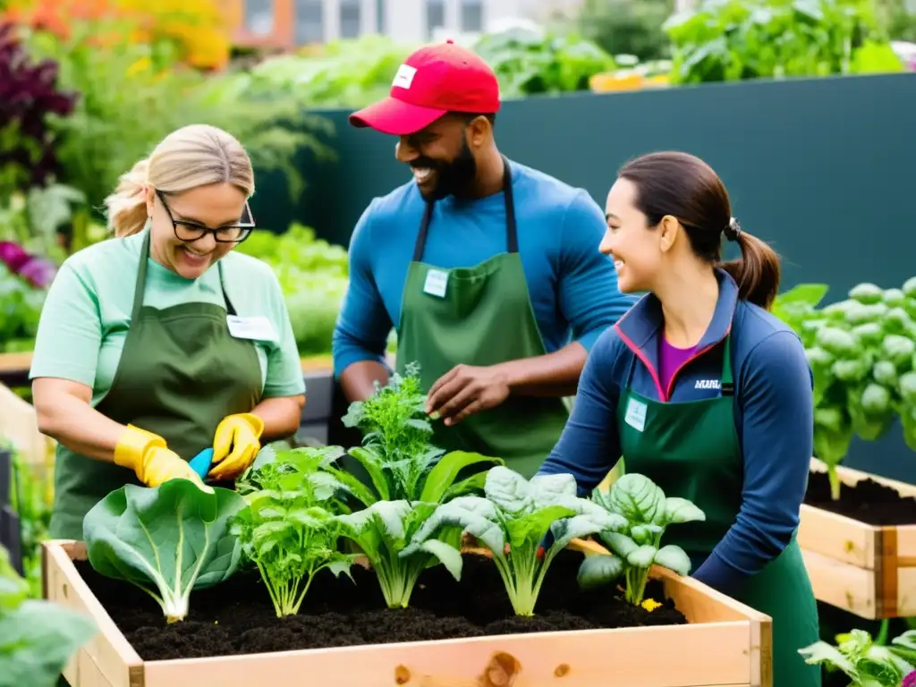 Grupo diverso de voluntarios en un jardín urbano vibrante, cultivando frutas y verduras