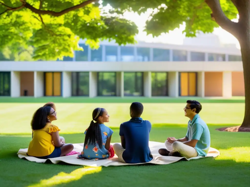 Un grupo de estudiantes diversos disfruta de una lección al aire libre en un entorno educativo natural con ventajas de espacios verdes