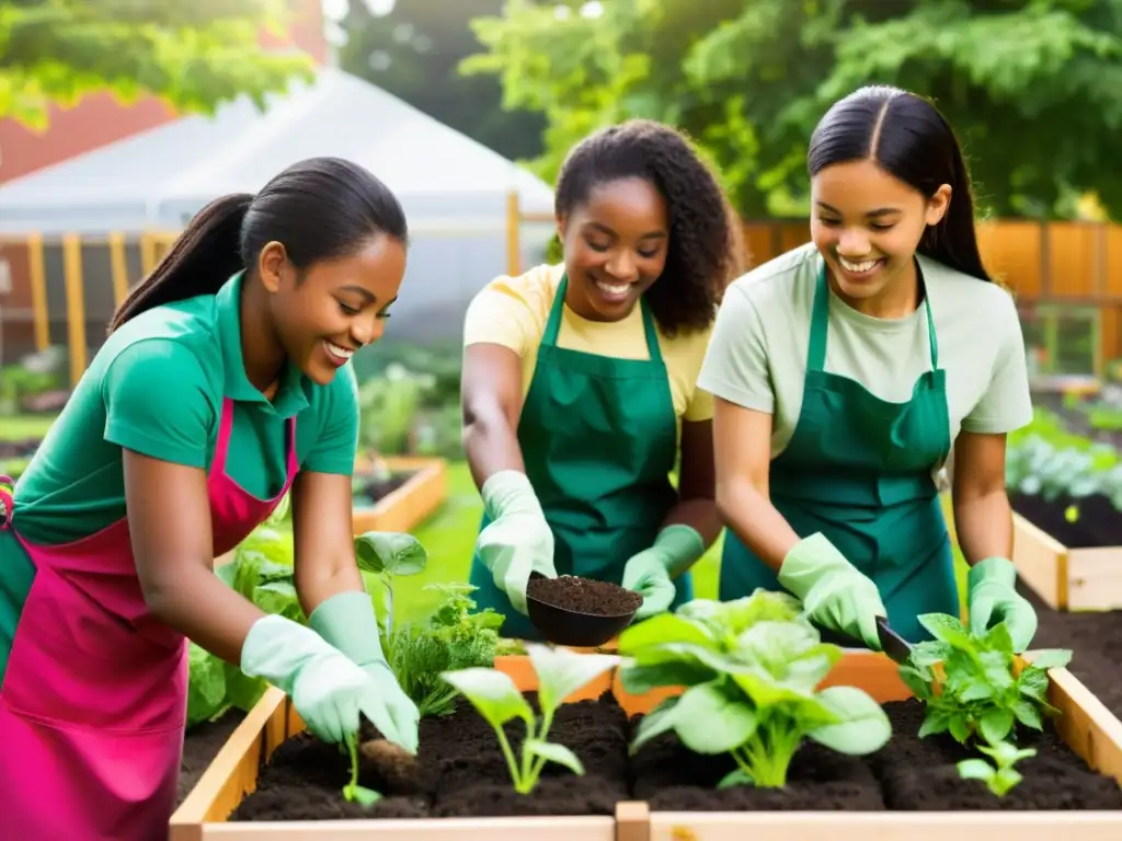 Un grupo de estudiantes diversos plantando con entusiasmo en un huerto escolar urbano vibrante