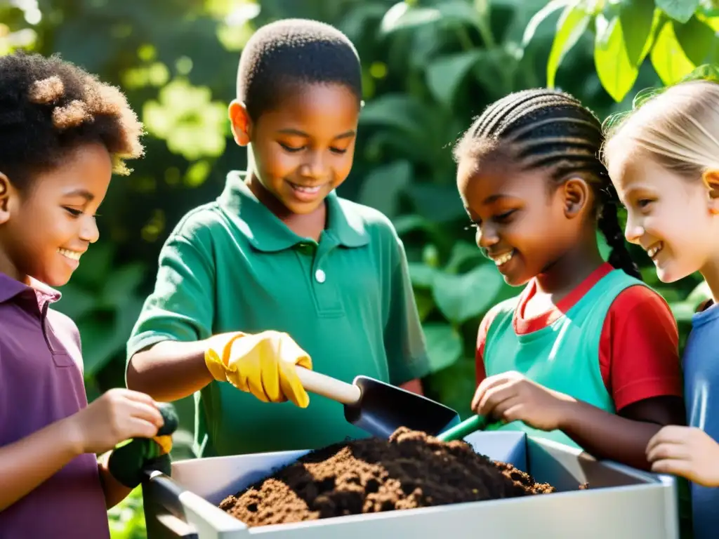 Un grupo de estudiantes de primaria diversos aprendiendo sobre compostaje en un vibrante jardín urbano