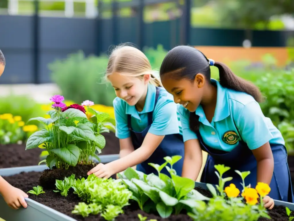 Un grupo de estudiantes de primaria cuida un huerto vertical en la escuela, fomentando la enseñanza escolar a través de la naturaleza