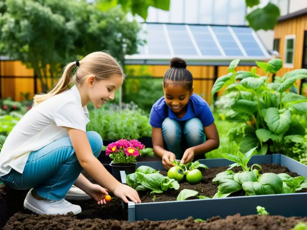 Grupo de estudiantes de primaria cuidando un jardín urbano sostenible