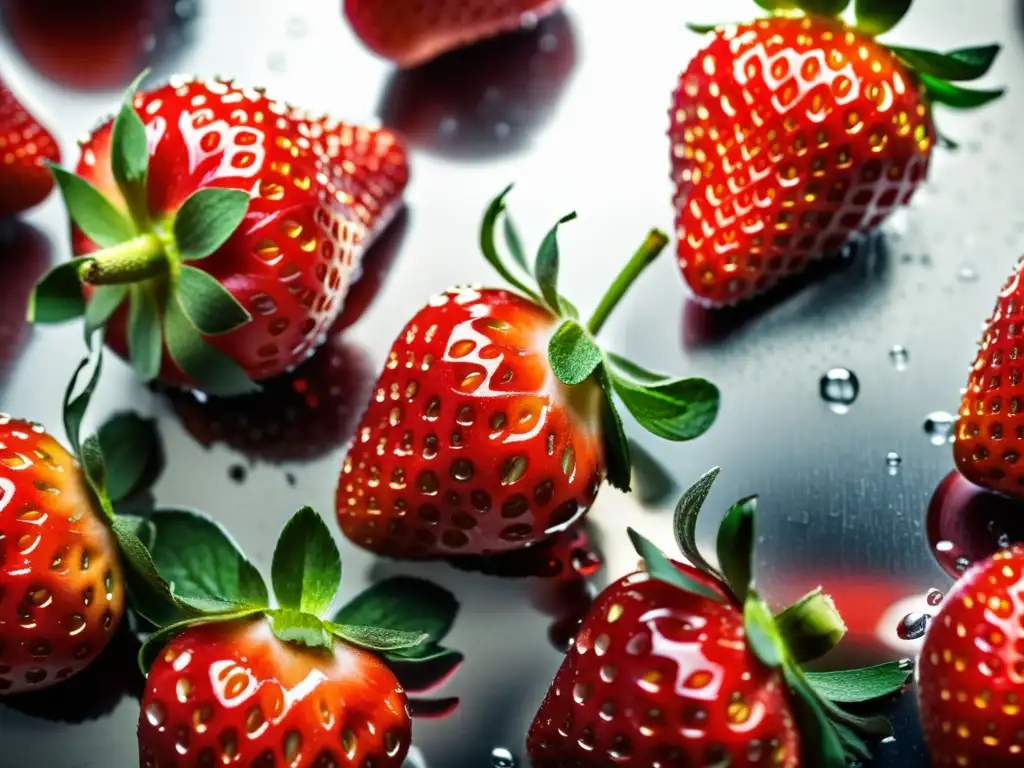 Un grupo de fresas maduras y vibrantes, con gotas de agua, en una encimera de acero inoxidable