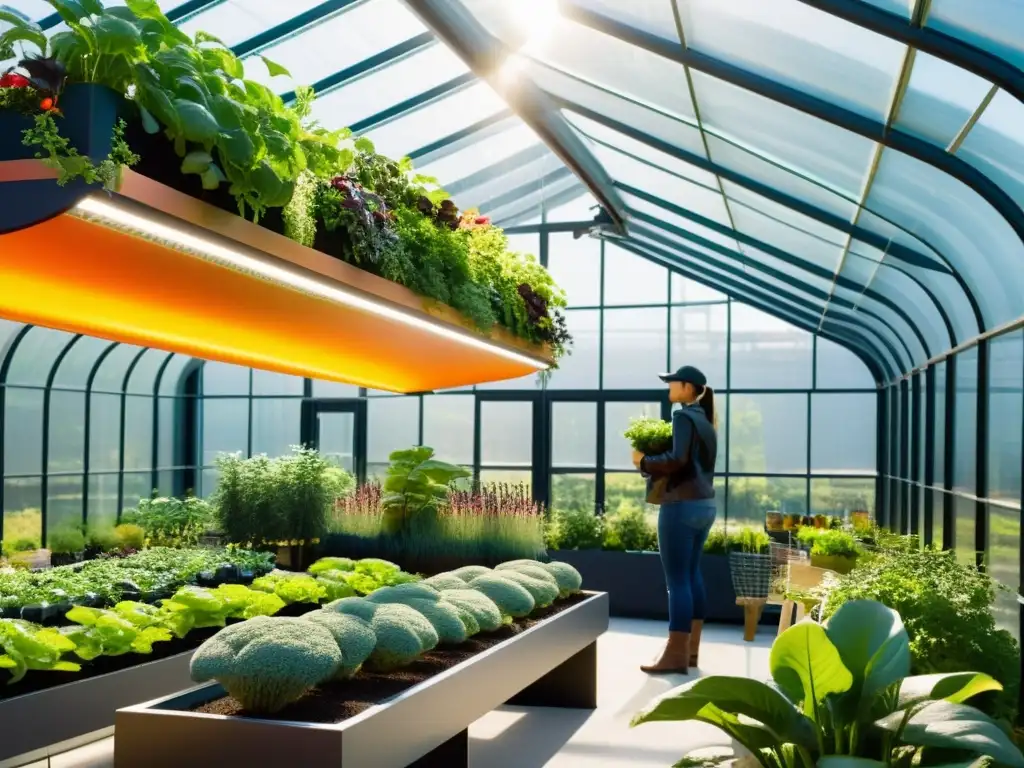 Grupo de horticultores urbanos en invernadero futurista con huertos verticales de alta tecnología y aplicaciones para adaptar huertos verticales