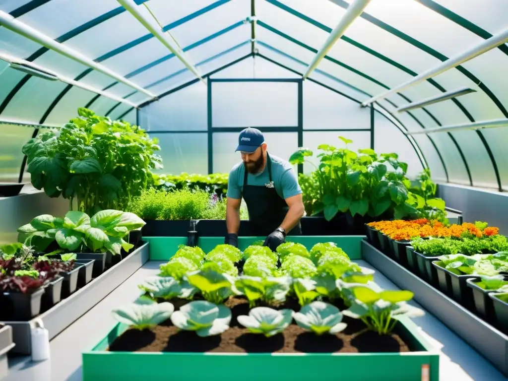 Un grupo de jardineros urbanos cuida de un exuberante huerto acuapónico en una moderna y elegante invernadero