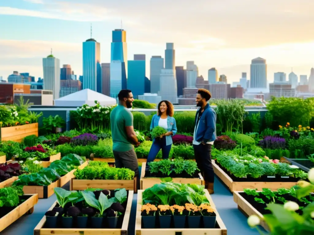 Un grupo de jardineros urbanos cuida un huerto en la azotea de la ciudad