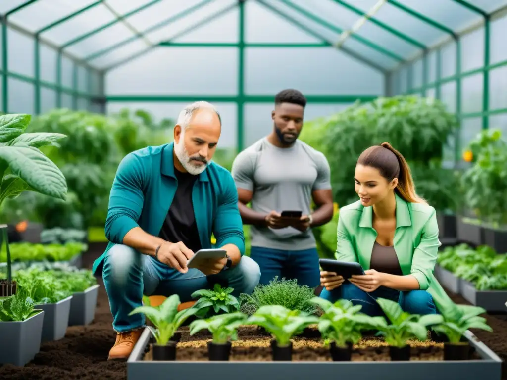 Grupo de jardineros urbanos utilizando tecnología para cuidar sus cultivos en un huerto contemporáneo