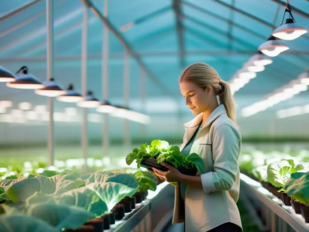 Un grupo de jóvenes agricultores urbanos cuida de cultivos vibrantes en un invernadero moderno bajo luces LED