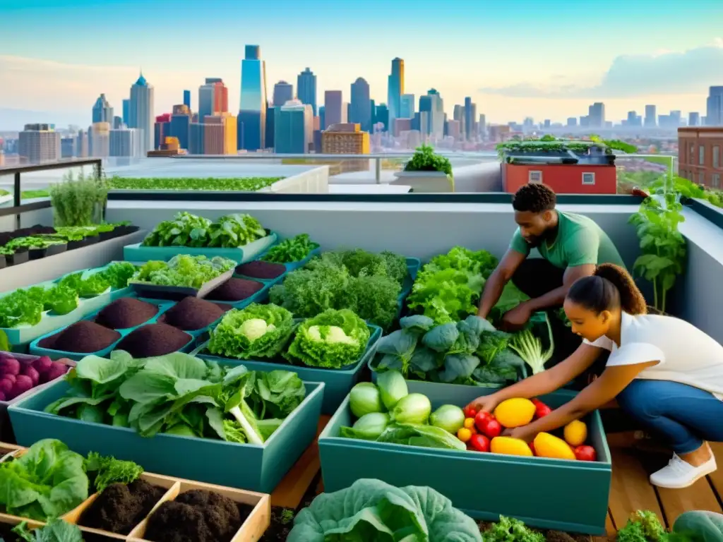 Un grupo de jóvenes agricultores urbanos cosechando una variedad de vegetales en su huerto en la azotea, con el horizonte de la ciudad de fondo