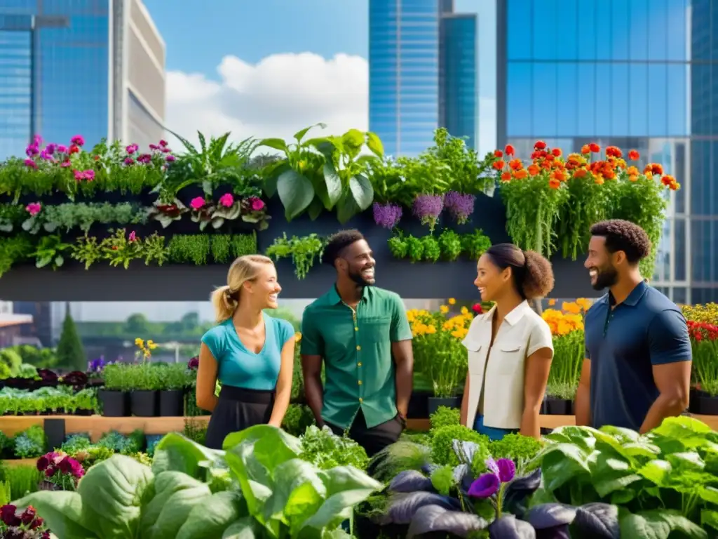 Un grupo de jóvenes agricultores urbanos cuida con esmero un jardín vertical vibrante, rodeados de un paisaje urbano