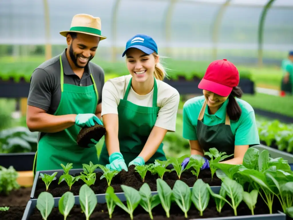 Grupo de jóvenes voluntarios en agricultura urbana, vistiendo atuendos sostenibles, cuidando cultivos en jardín de la ciudad