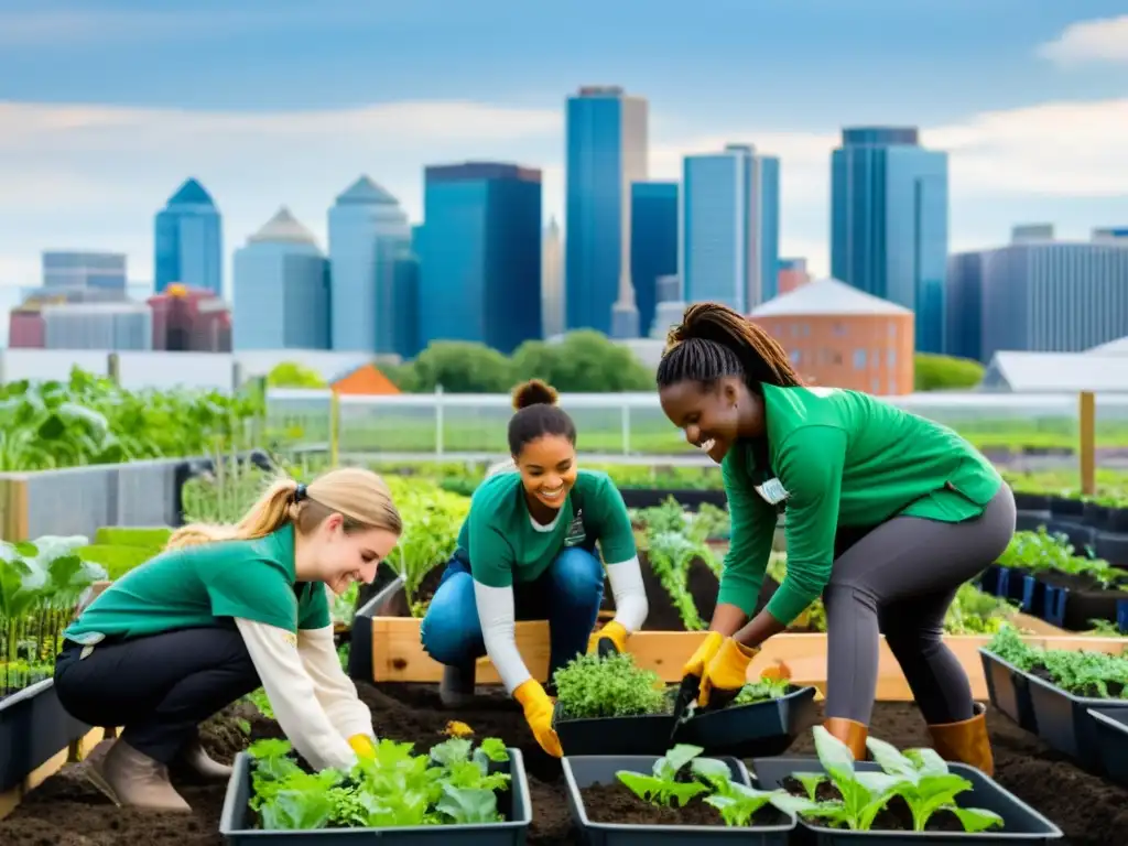 Un grupo de jóvenes voluntarios entusiastas plantando y cuidando cultivos en una granja urbana