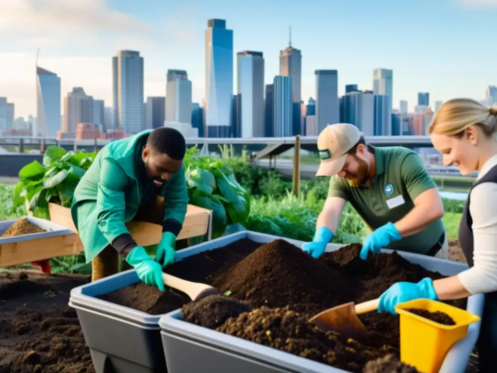 Un grupo separa materiales compostables en una ciudad