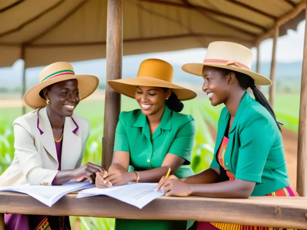 Grupo de mujeres agricultoras colaborando con financiamiento para mujeres emprendedoras en agricultura en un campo exuberante y soleado