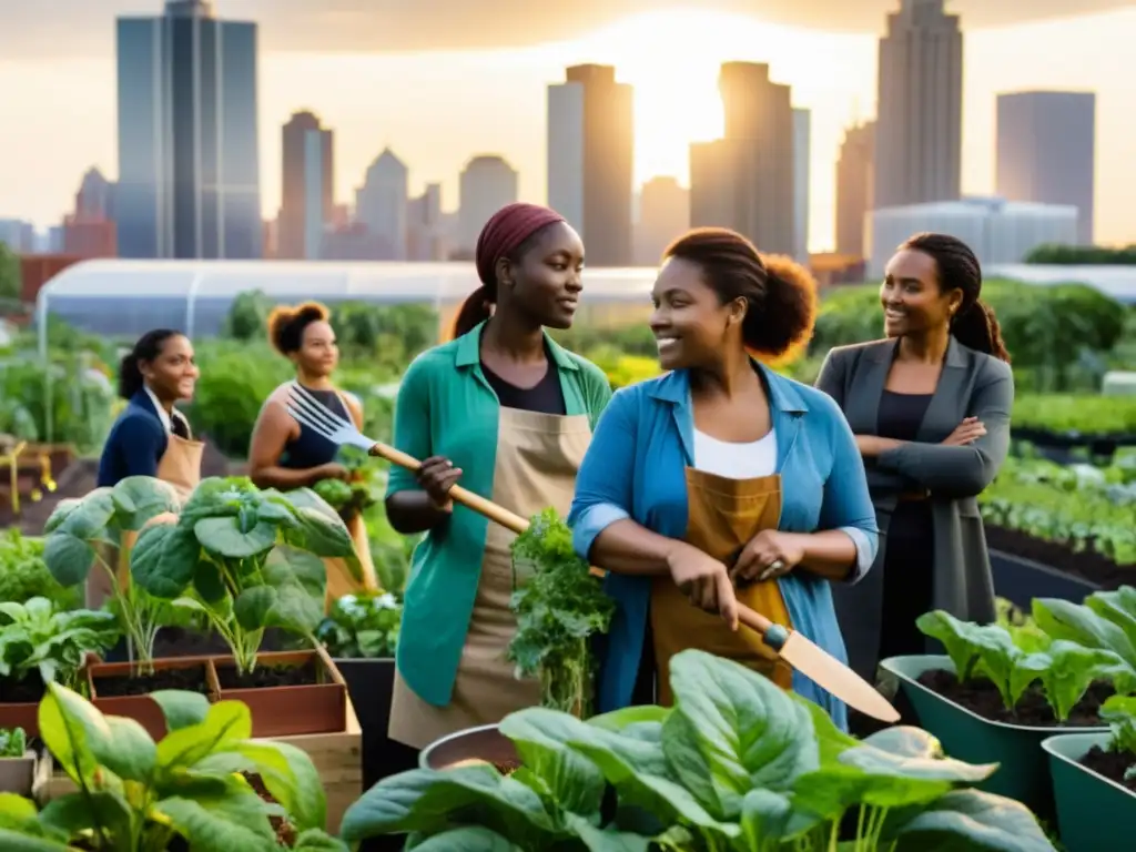 Un grupo de mujeres diversas con atuendo de agricultura urbana, empoderadas y progresistas, cuidan un jardín urbano floreciente