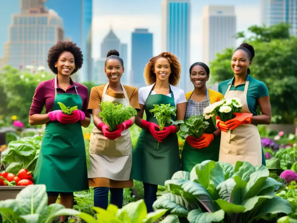 Un grupo de mujeres diversas cuida con determinación un jardín urbano, simbolizando el empoderamiento femenino y la agricultura urbana activista