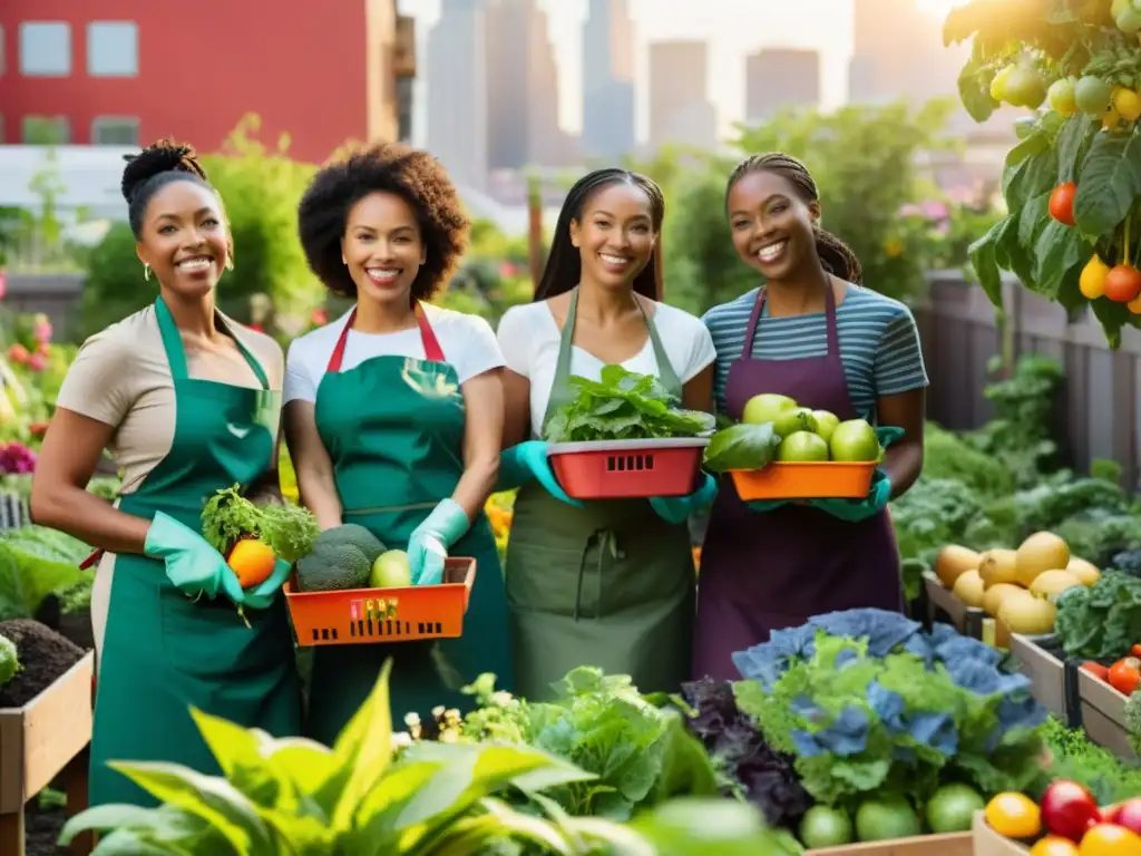 Grupo de mujeres empoderadas en jardín urbano, cultivando frutas y verduras