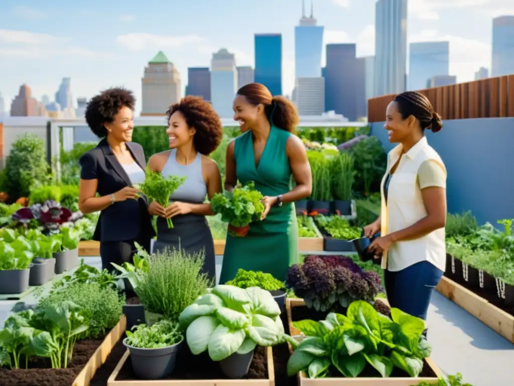 Grupo de mujeres emprendedoras en agricultura urbana, colaborando en un jardín en la azotea de la ciudad