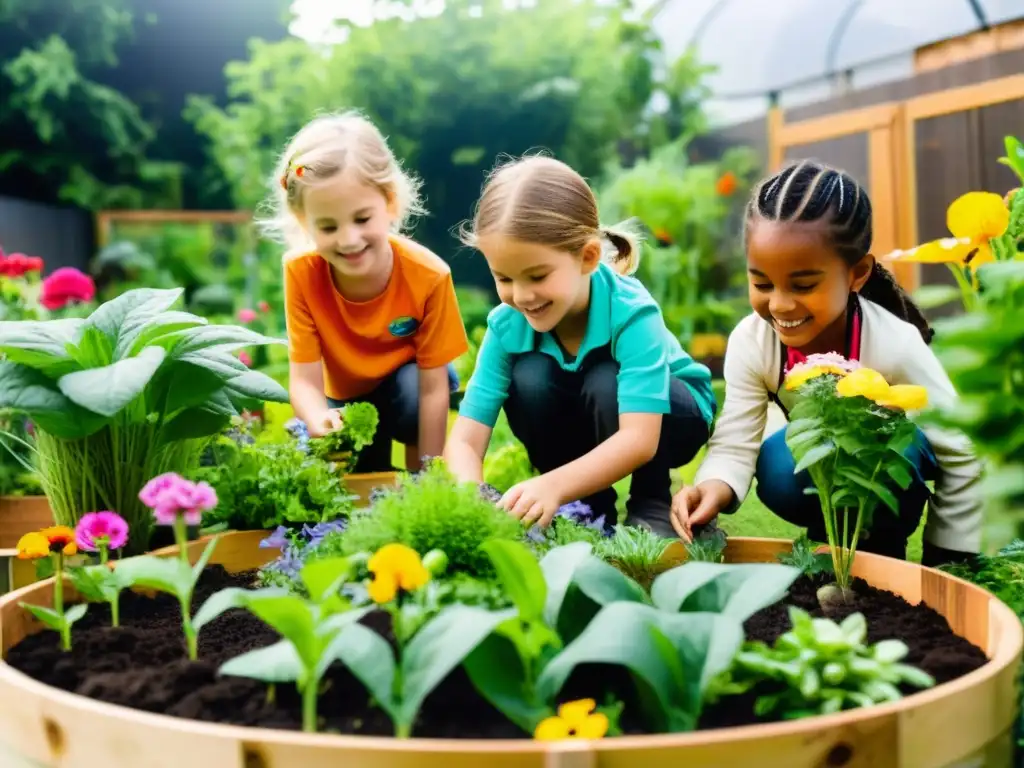 Grupo de niños disfrutando de actividades sostenibles en un jardín urbano vibrante, con la ciudad al fondo