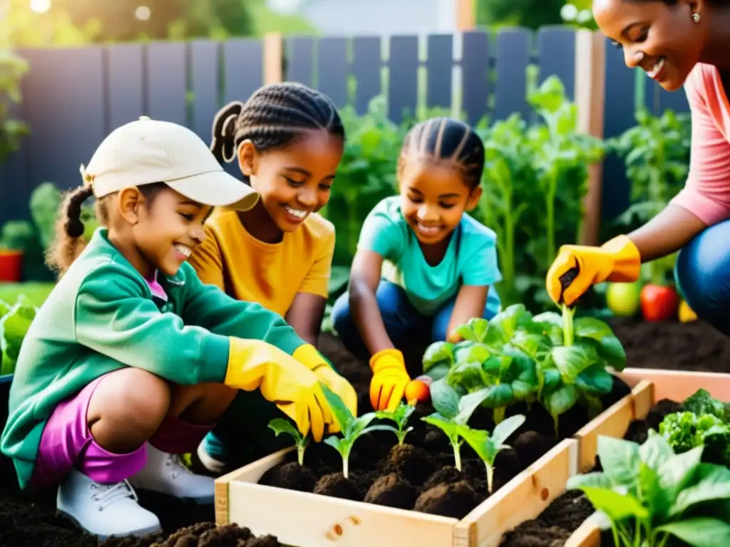 Un grupo de niños diversos aprendiendo agricultura urbana con entusiasmo, guiados por un mentor