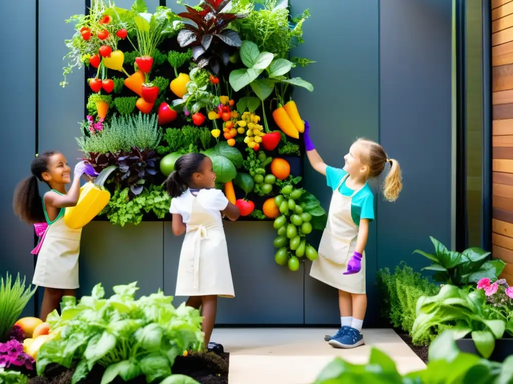 Un grupo de niños cuidando con alegría un huerto vertical lleno de frutas, verduras y flores