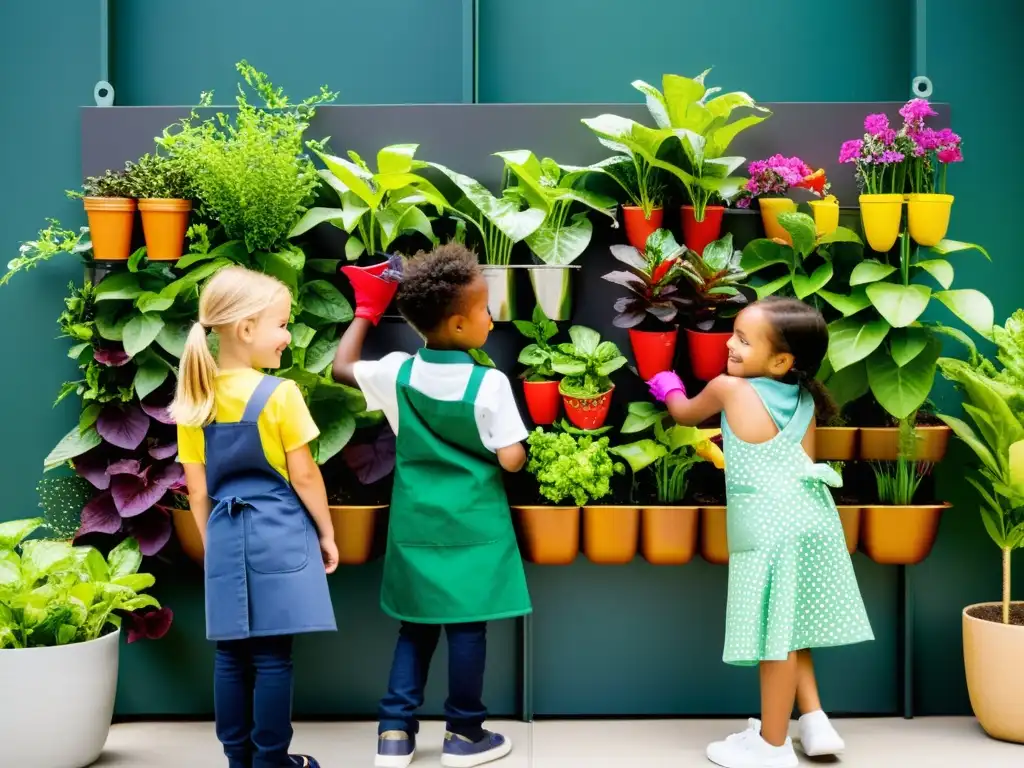 Un grupo de niños cuida con amor un huerto vertical, lleno de frutas, verduras y flores