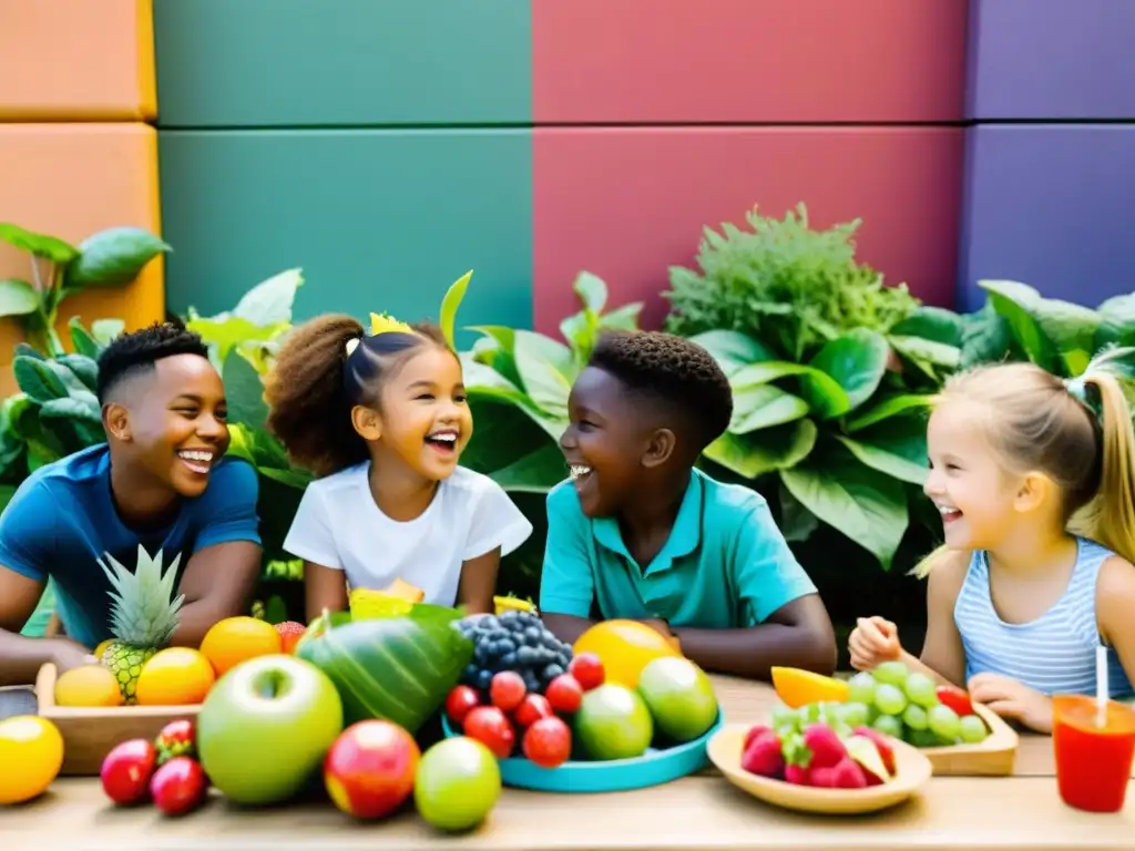 Grupo de niños disfrutando de bocadillos saludables en una mesa colorida al aire libre, rodeados de frutas y verduras vibrantes