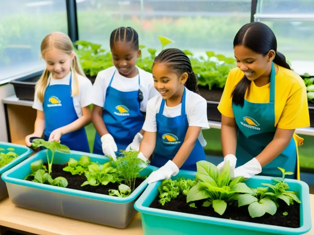 Grupo de niños en delantal y guantes cuidando entusiastamente un jardín acuapónico en su salón de clases, enseñando sostenibilidad a niños