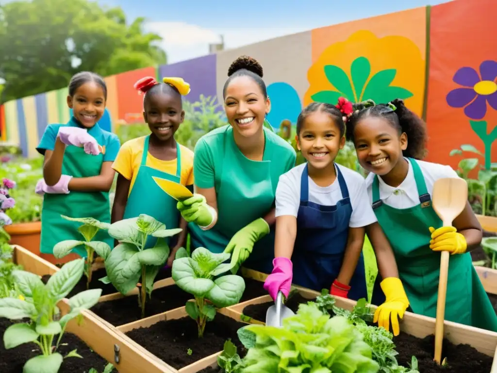 Un grupo de niños de diferentes edades y etnias trabajan juntos en un huerto urbano, guiados por su maestra