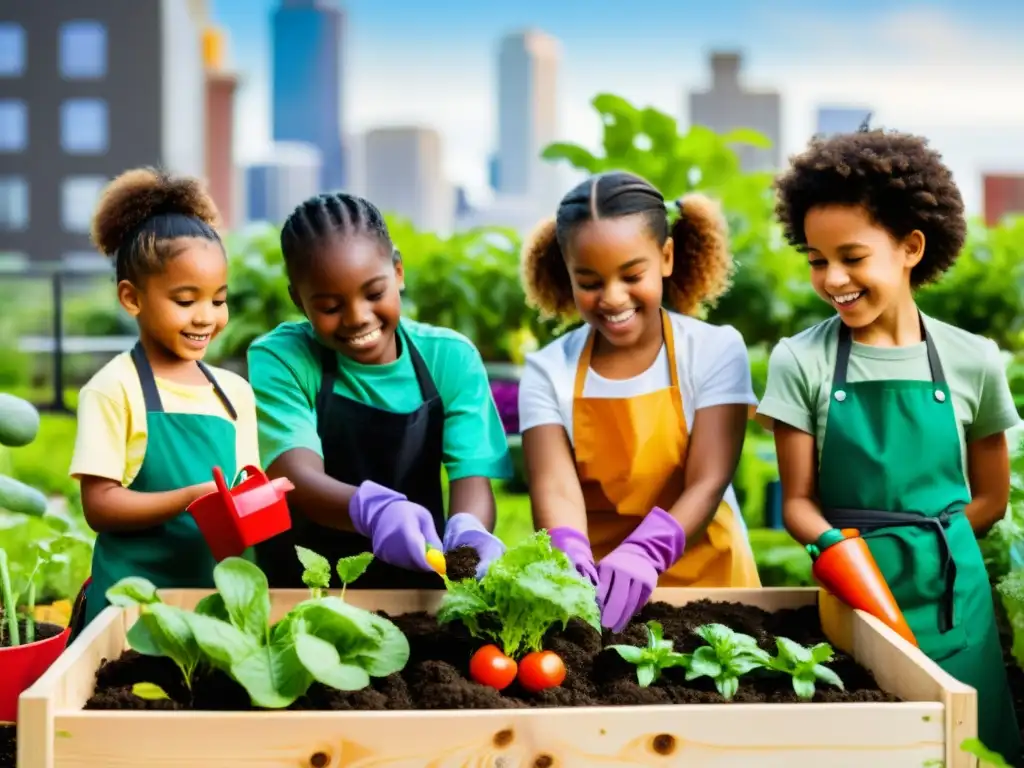 Un grupo de niños diversos entusiastas plantando en un huerto urbano, enseñanza de agricultura urbana a niños