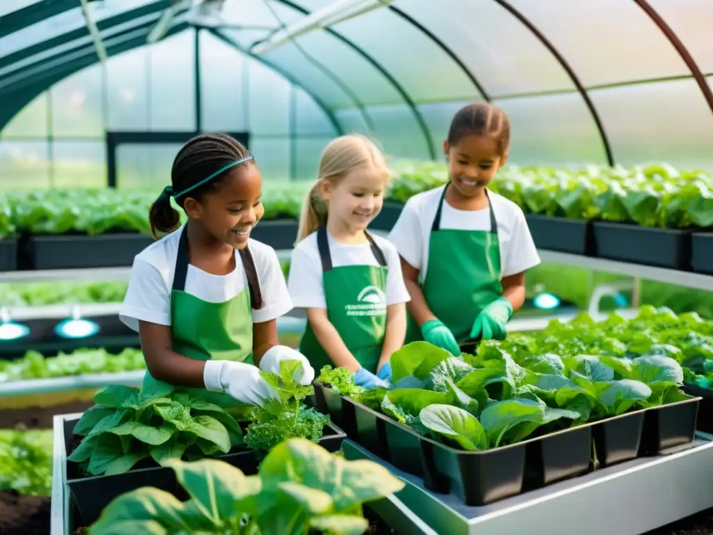 Un grupo de niños entusiastas cuida un jardín acuapónico vibrante, alimentando peces y revisando vegetales