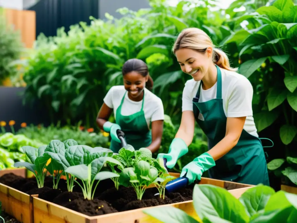 Un grupo de niños escolares sonrientes cuida de un jardín urbano, repleto de plantas y frutas coloridas