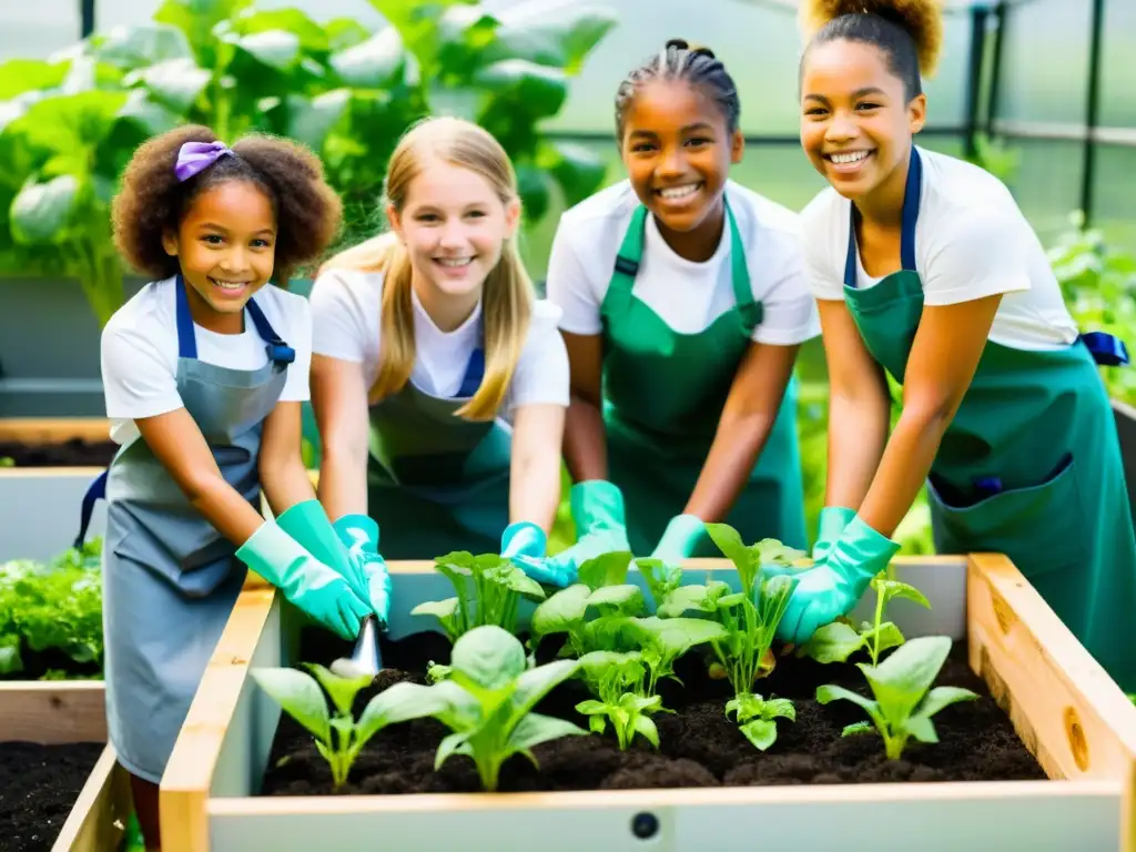 Un grupo de niños cuida entusiastamente un jardín acuapónico en su escuela urbana, enseñando sostenibilidad en escuelas urbanas