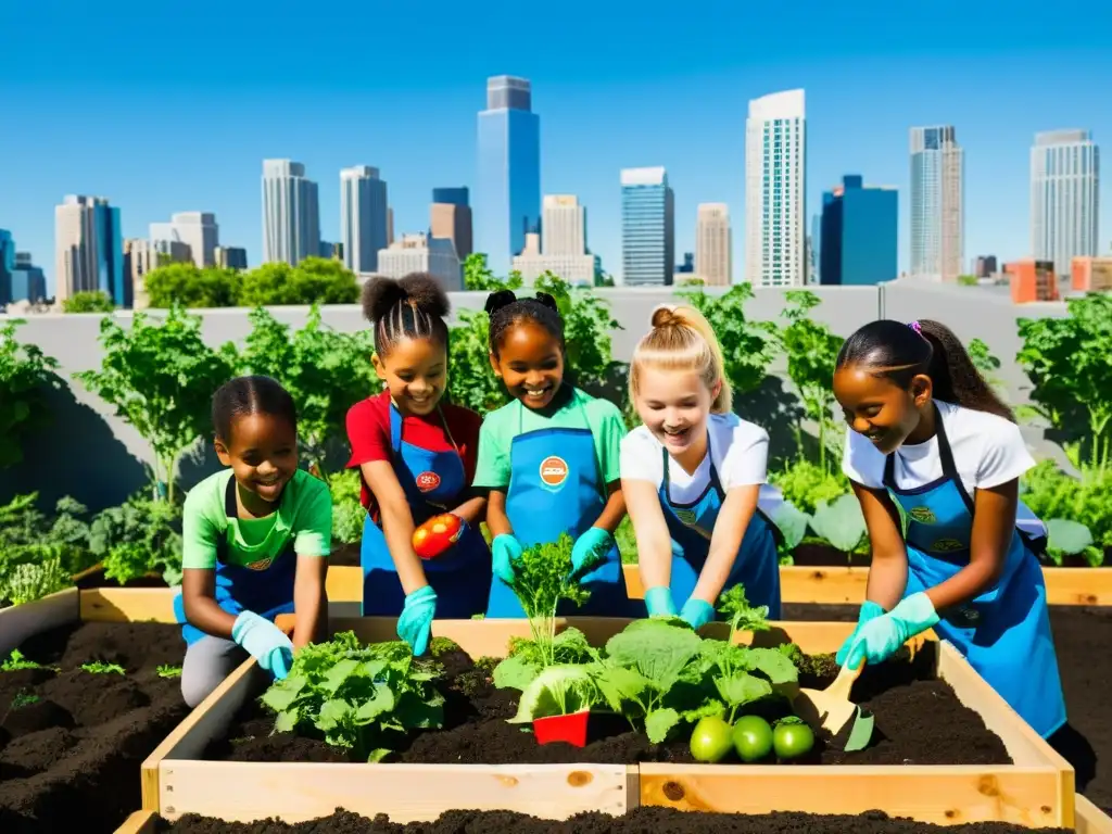 Grupo de niños plantando frutas y verduras en un huerto urbano sostenible, rodeados de edificios altos