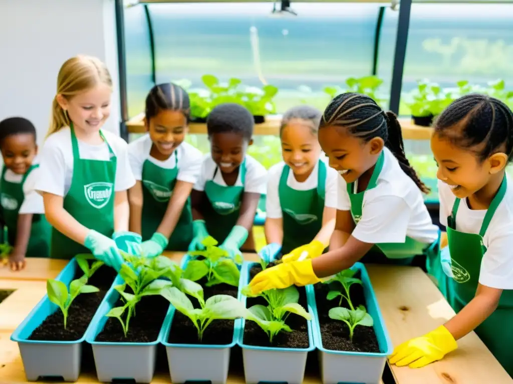 Grupo de niños cultivando hábitos alimenticios saludables en un aula luminosa con jardín acuapónico vibrante y peces en un tanque transparente