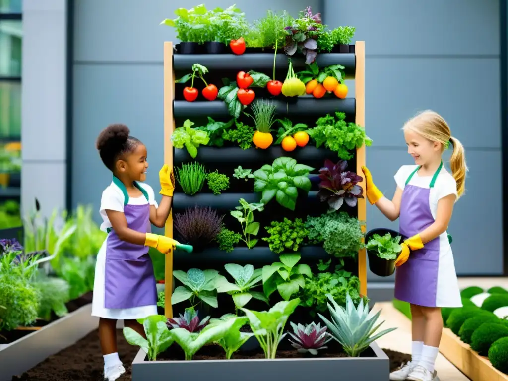 Un grupo de niños disfruta plantando un huerto vertical, descubriendo los beneficios de huertos verticales para niños en un entorno urbano moderno