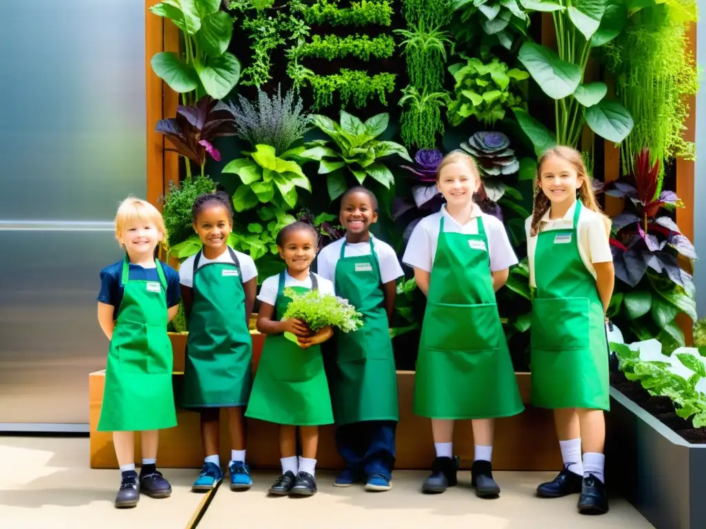 Un grupo de niños aprendiendo sobre huertos verticales en un jardín vibrante