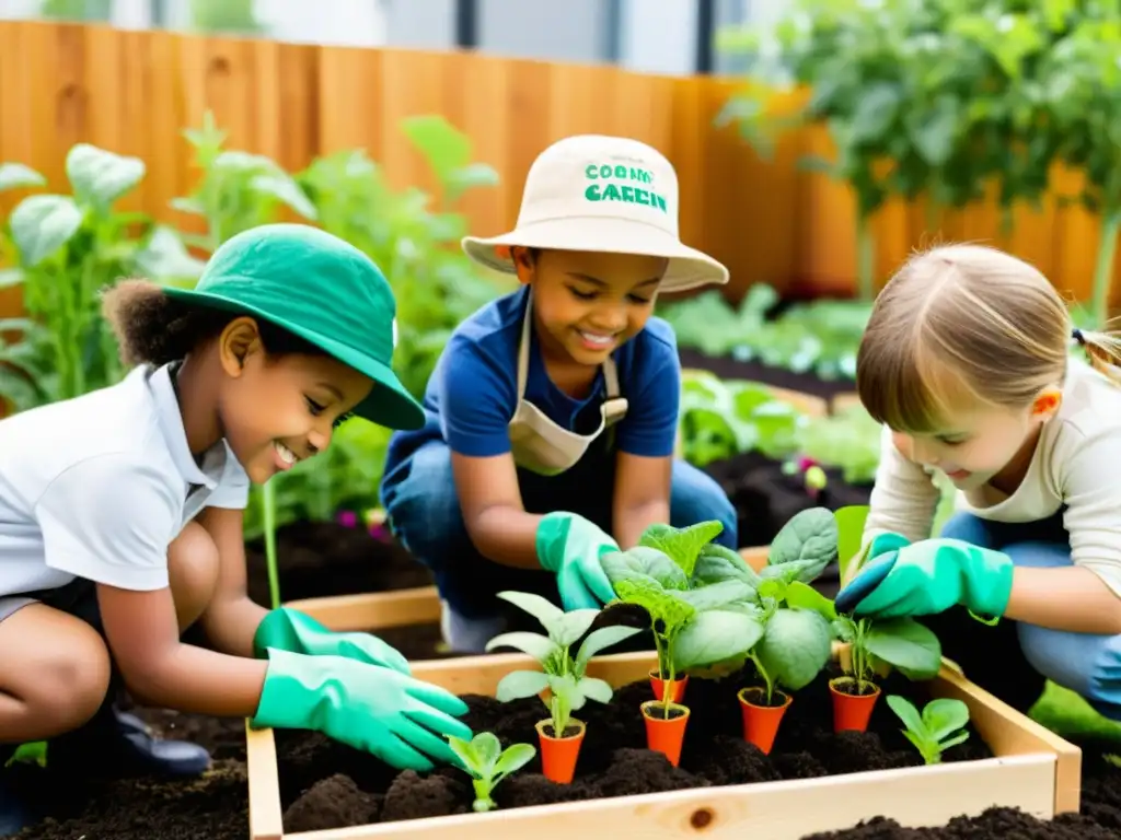 Grupo de niños cuidando un jardín urbano con entusiasmo