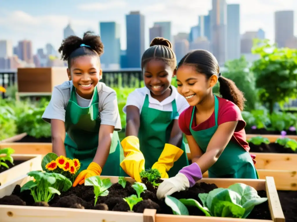 Un grupo de niños disfrutando de la permacultura urbana para niños sostenible, plantando vegetales y flores coloridas en huertos elevados en la ciudad