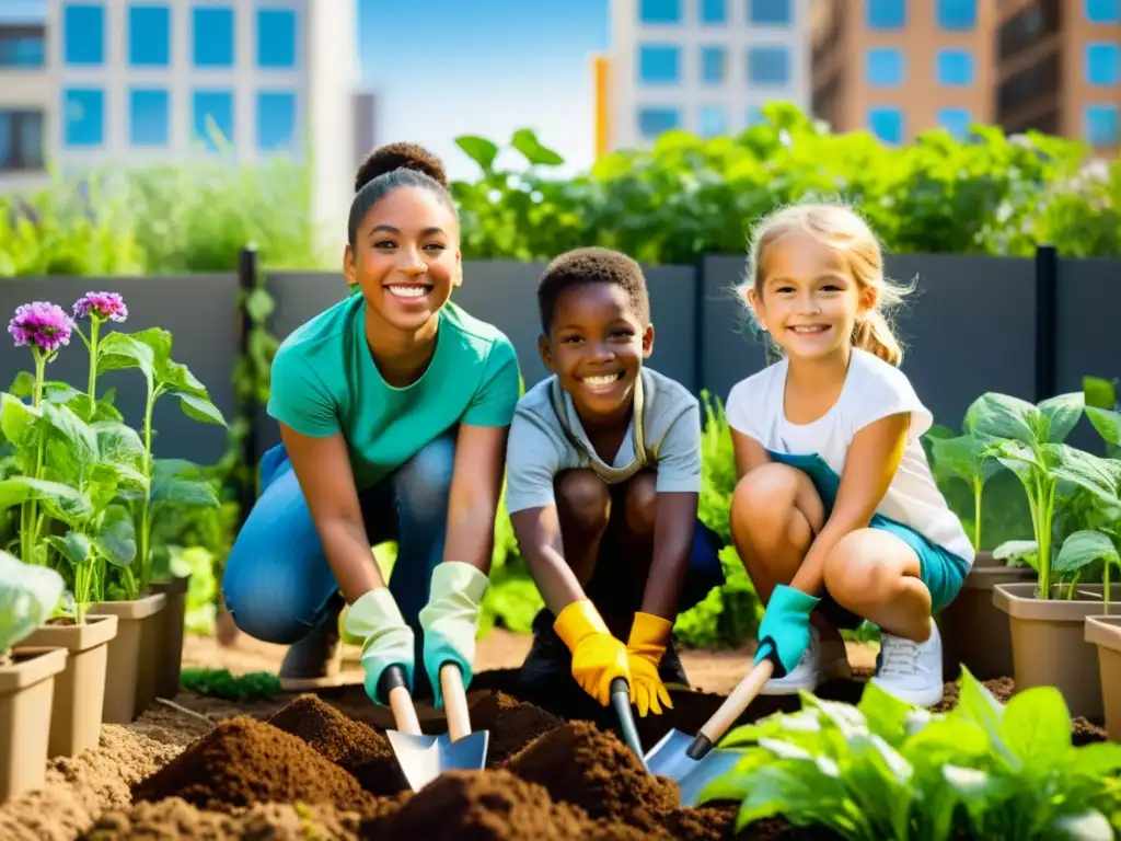 Un grupo de niños plantando en un jardín urbano lleno de flores y vegetales, guiados por un educador